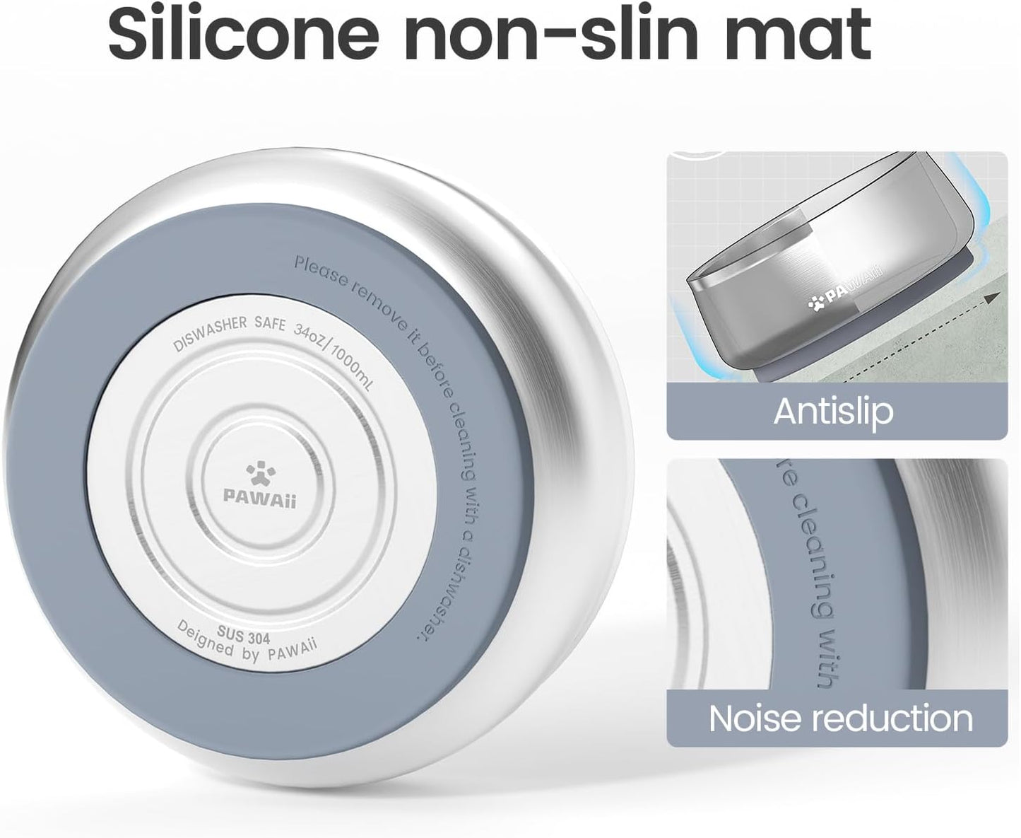 Pawaii Stainless Steel Dog Bowl with Non-Slip Rubber Base & Double Wall Insulation - Durable Design | Includes ID Tag | Dishwasher Safe Food & Water Bowl for All Dogs (34oz)