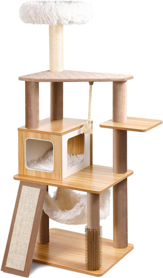 61" Wooden Cat Tree Tower for Indoor Cats, Luxury Modern Wooden Tower with XL Plush Lounge, Hammock & Scratching Posts for Maine Coon 20 lbs