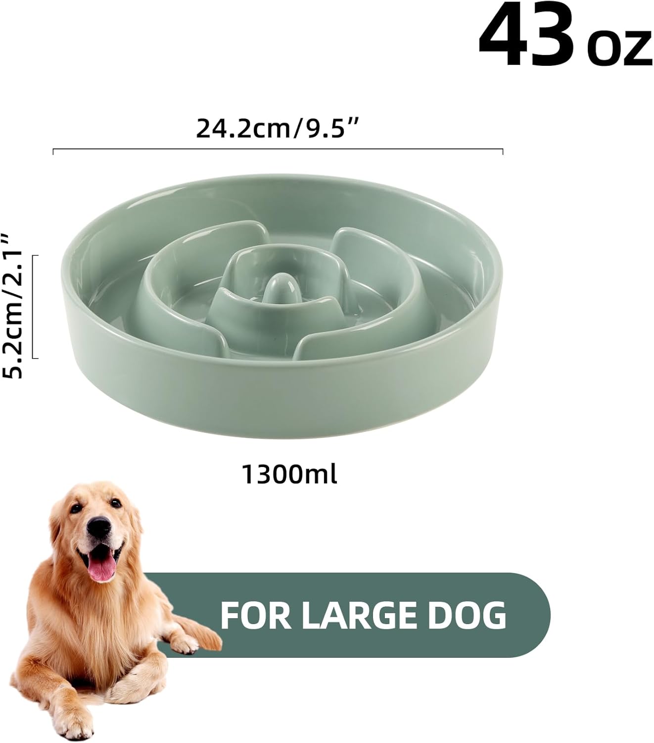 9.5inch Ceramic Slow Feeder Dog Bowl for Large Dog, Puzzle Food Dish, Anti-Gulping, Pet Slow Feeder, Stop Bloat, Preventing Choking (Single Bowl-Light Green)
