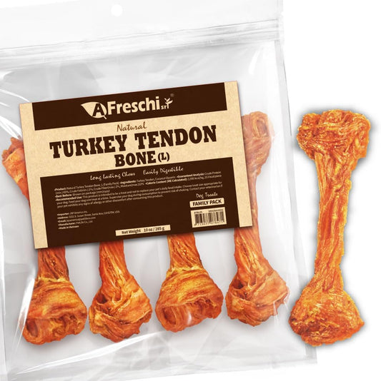Afreschi Natural Turkey Tendon Bone (L) 10 oz, USA-Sourced Turkey Tendon, All Natural Puppy Chew, Hypoallergenic, Rawhide Alternative, for Large Breeds