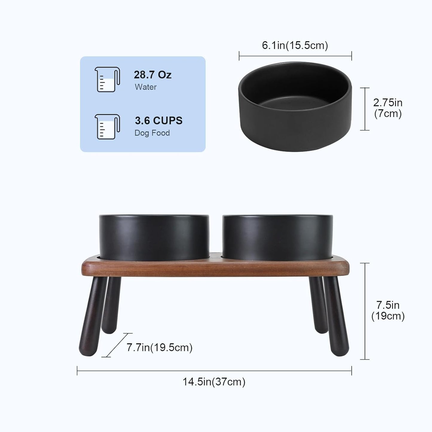 SPUNKYJUNKY Ceramic Elevated Dog Bowls Raised with Acacia Bamboo Wooden Stand, 6.1'' Dog and Cat Food Water Bowls Set Non-Slip for Small Medium Sized Breed Microwave Dishwasher Safe - 28.7 OZ,Black