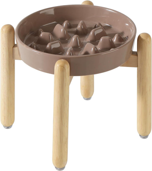 8.2inch Ceramic Dog Raised Slow Feeder Set, Elevated Bowl with Wooden Stand for Large and Medium Dog, Slow Feeder Dish for Fast Easters, Stop Bloat(Brown Coffee, Single Bowl+ Stand)
