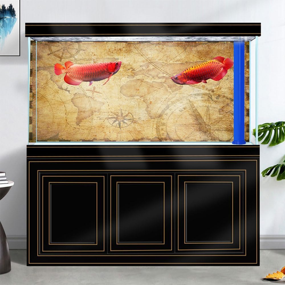 30X12IN Retro Old Travel World Map Terrarium Background, Art Parchment Pirate Treasure Map Reptile Habitat Background with 10EVA Double-Sided Tape