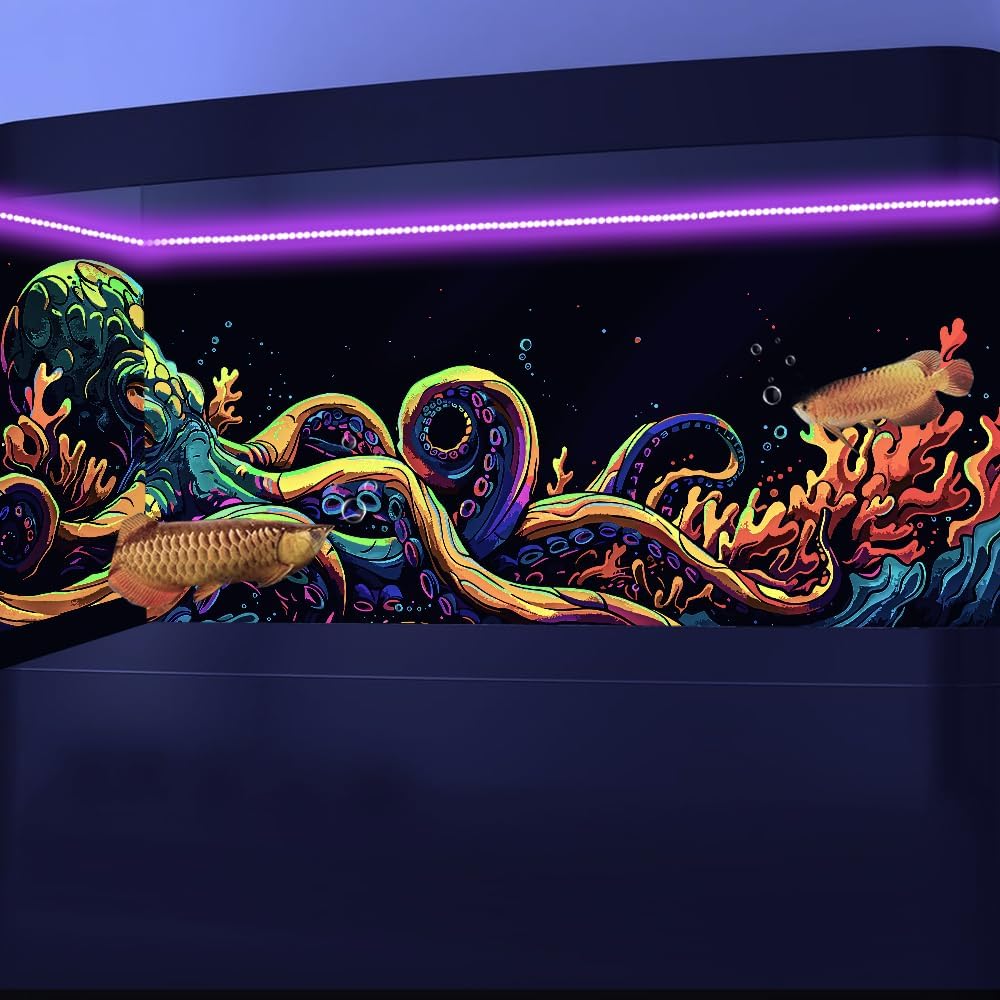 30X18IN Blacklight Octopus Sea Monster HD 3D Black Light Aquarium Background UV Reactive Background Terrarium Background with 10 EVA Double-Sided Tape