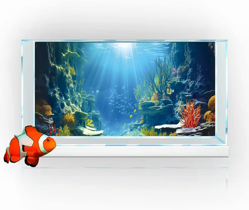 36X24IN Blue Sea Floor Aquarium Background, Natural Underwater World 3D Effect Fish Tank Decorations Background, Art Terrarium Background with 8 EVA Double-Sided Tape