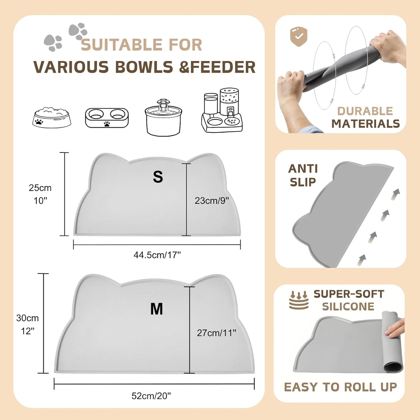 Cat Food Mat, Silicone Pet Feeding Mat for Floor Non-Slip Waterproof Dog Water Bowl Tray Cushion (20" x 12", Stone Blue)