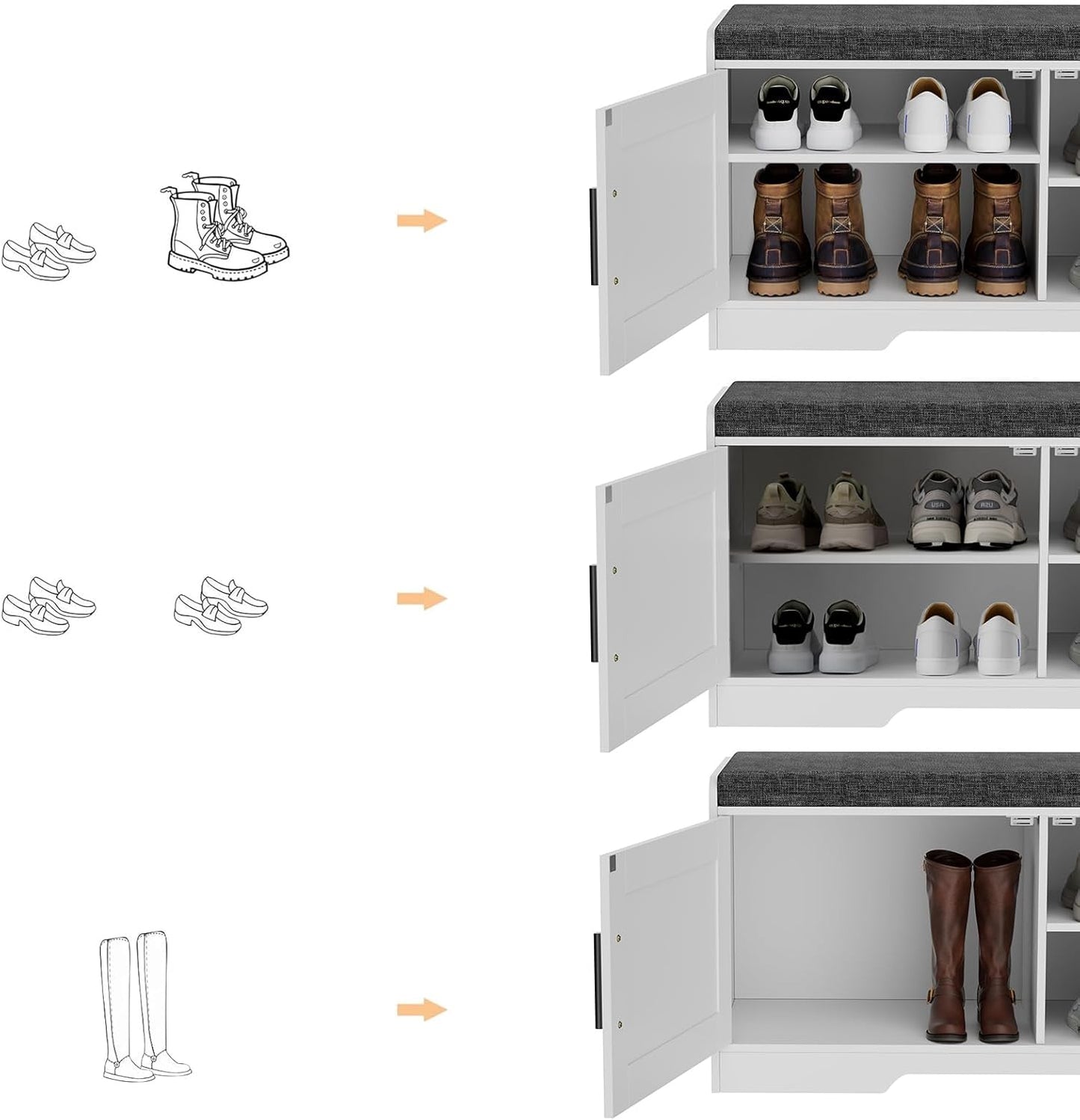2-Tier Storage Bench, Shoe Bench with Thickened Padded Seat Cushion, Entryway Bench with 2 Doors, Adjustable Shelf, 13.8" D x 37.4" W x 18.5" H, for Entryway, Living Room, Bedroom, White
