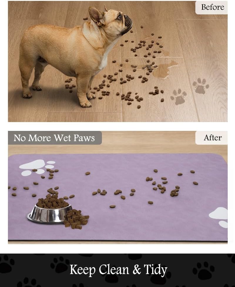 Pet Feeding Mat-Absorbent Dog Mat for Food and Water Bowl-No Stains Quick Dry Water Dispenser Mat-Dog Accessories Pet Supplies-Bowl for Messy Drinkers（Purple,17"x28"
