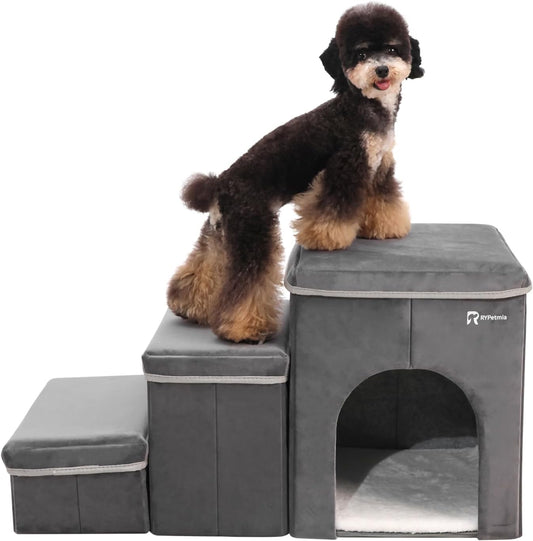 Foldable Pet Stairs for Beds & Sofas - Non-Slip Dog Steps with Storage for Small to Medium Dogs & Cats, Supports up to 120 lbs - Durable 2 & 3-Step Doggie Ladder for Easy Access