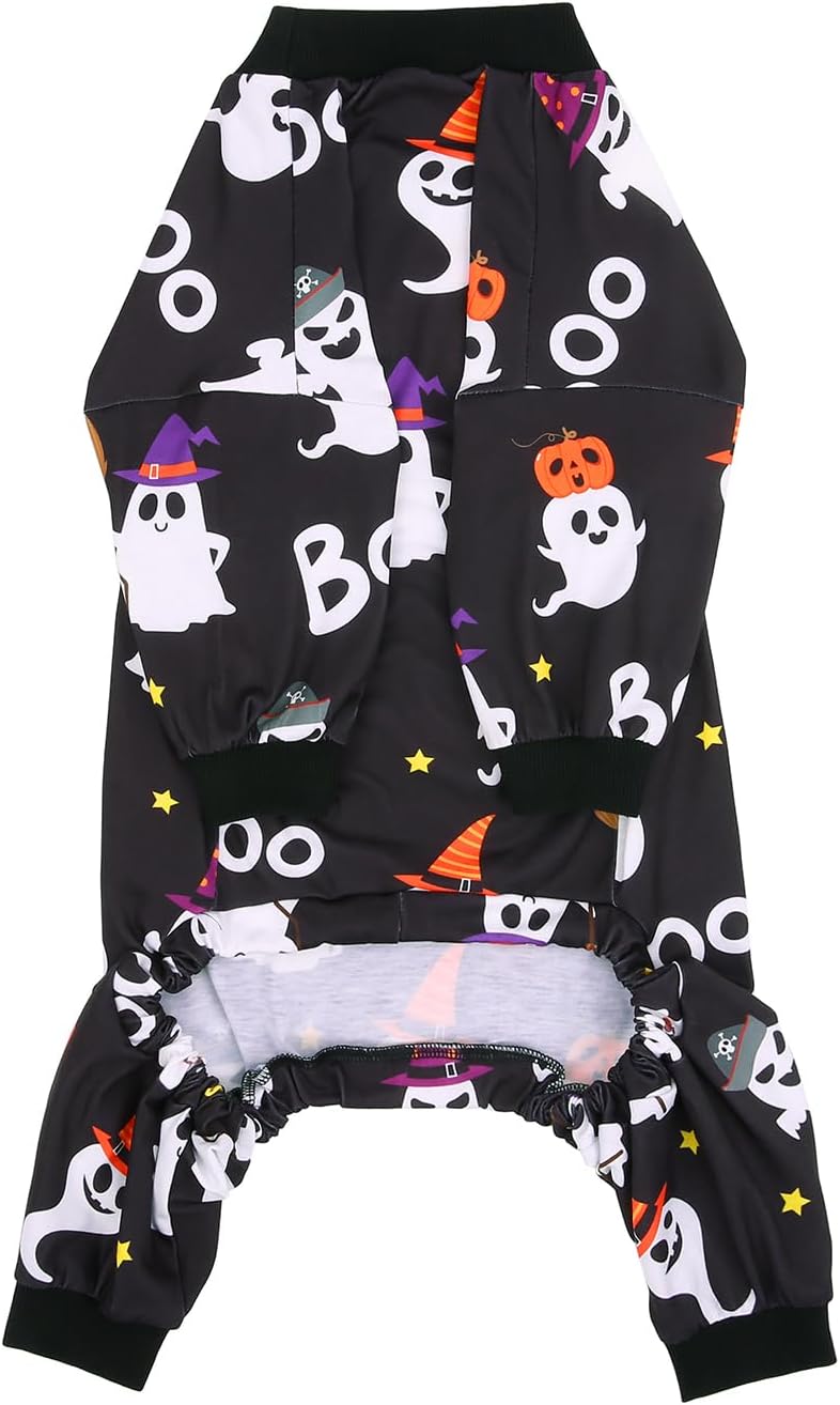 HDE Dog Pajamas One Piece Jammies Jumpsuit Pet Clothes Outfit Stretchy Lightweight Comfy Shirt Pjs for M-3XL Dogs Cute Ghosts - 3XL