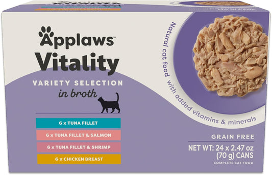 Applaws Vitality Wet Cat Food in Broth, Natural Canned Cat Food, Wet Food for Cats with Added Vitamins and Minerals, Grain Free, Carrageenan Free, Variety Selection in Broth (24 Count, 2.47 oz Cans)