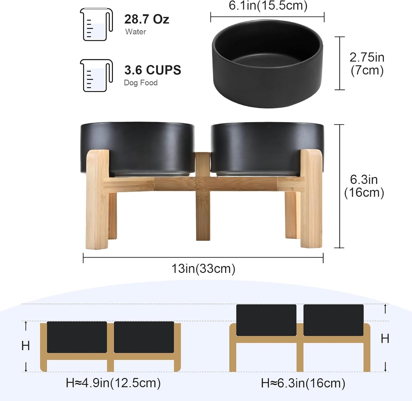 SPUNKYJUNKY Elevated Dog Bowls Ceramic, 6.1'' Dogs and Cat Food Water Bowls Raised with Non-Slip Bamboo Stand for Medium Sized Breed Microwave Dishwasher Safe - 28.7 OZ,Black