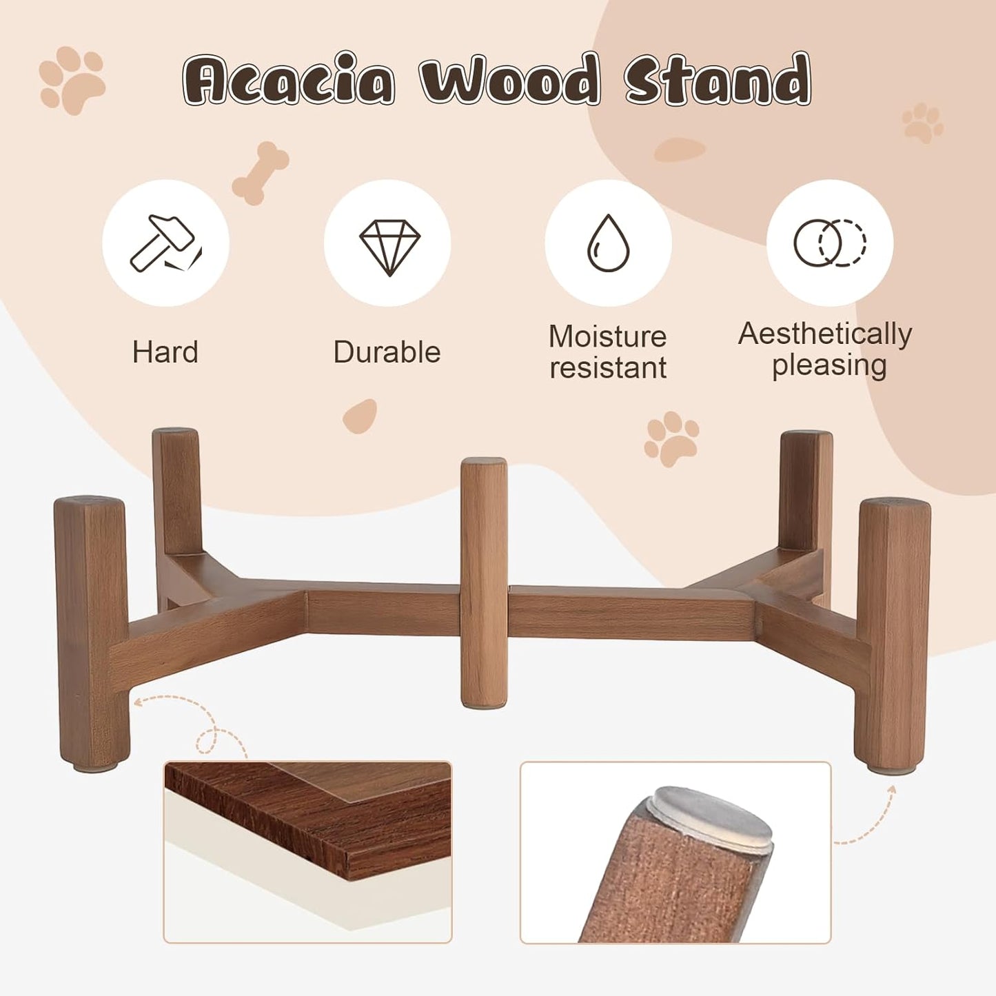 SPUNKYJUNKY Ceramic Elevated Dog Bowl Set with Acacia Wood Stand for Food and Water for Cats and Small Dogs (13.52 OZ, Black, Dog Paw Pattern)
