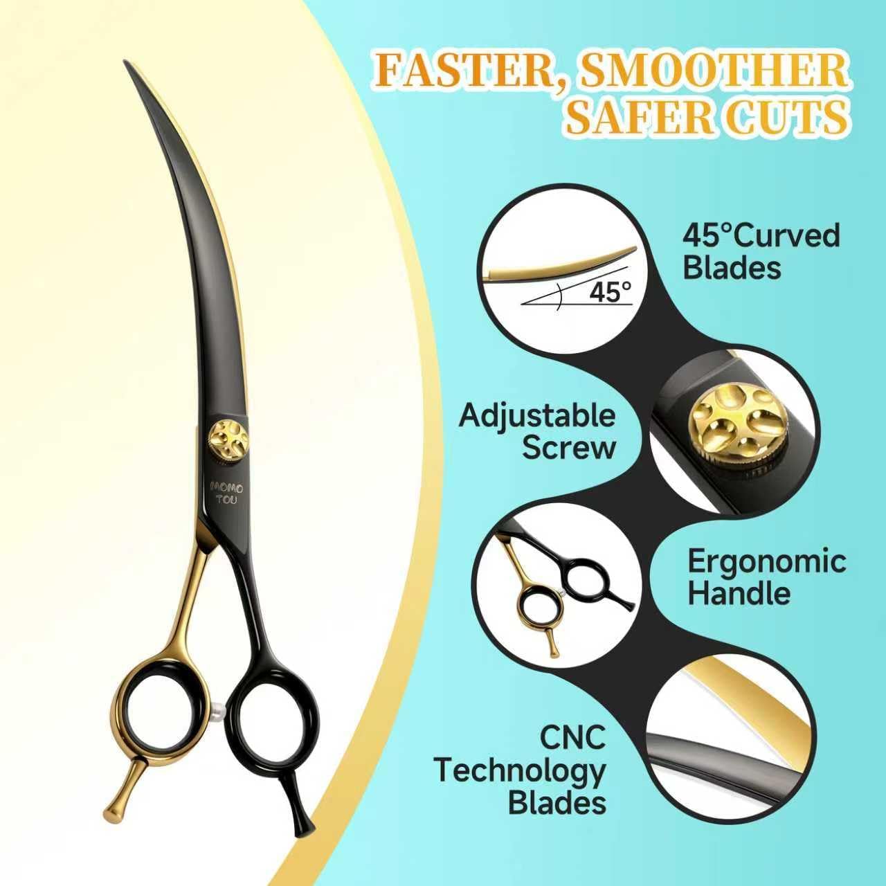 45°Super Curved Dog Grooming Scissors 440C Stainless Steel CNC 7.5'' Big Arc Curved Dog Shears Sharp and Durable for Professional Groomers