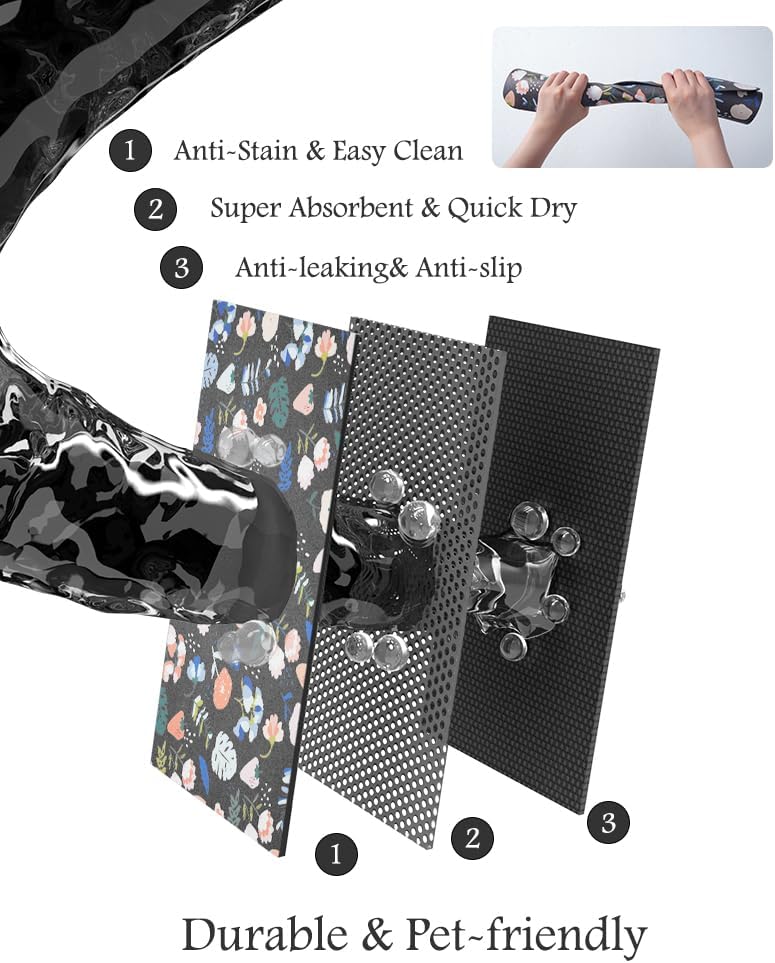 Pet Feeding Mat-Absorbent Dog Mat for Food and Water Bowl-No Stains Quick Dry Water Dispenser Mat-Dog Accessories Pet Supplies-Bowl for Messy Drinkers（DARKFLOWERS,23"x34"