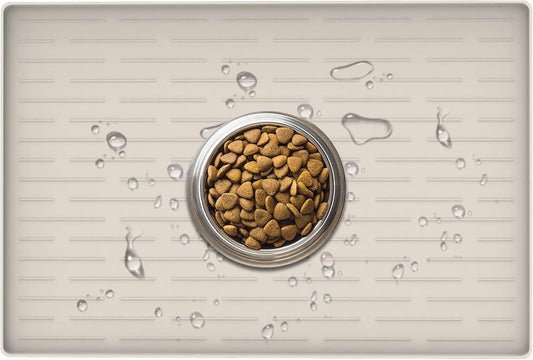 24" x 16" Dog Food Mat, Silicone Pet Mats for Food and Water, Nonslip Pet Feeding Mats for Floors, Dog Cat Bowl Mat with Raised Edges, Beige