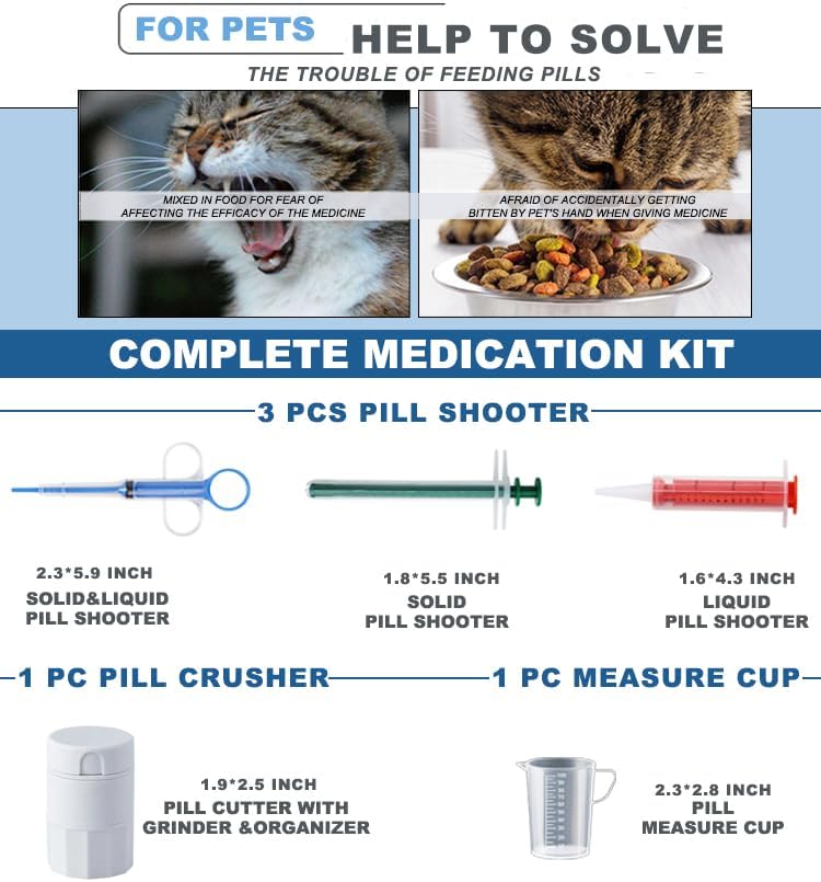 Cat Pill Shooter 5-in-1 Kit, Pet Pill Cutter and Crusher for Cats and Dogs, Dog Tablet Soft Tip Syringe and Medical Feeding Liquid Dispenser Tool with Plastic Measuring Cup 100ml