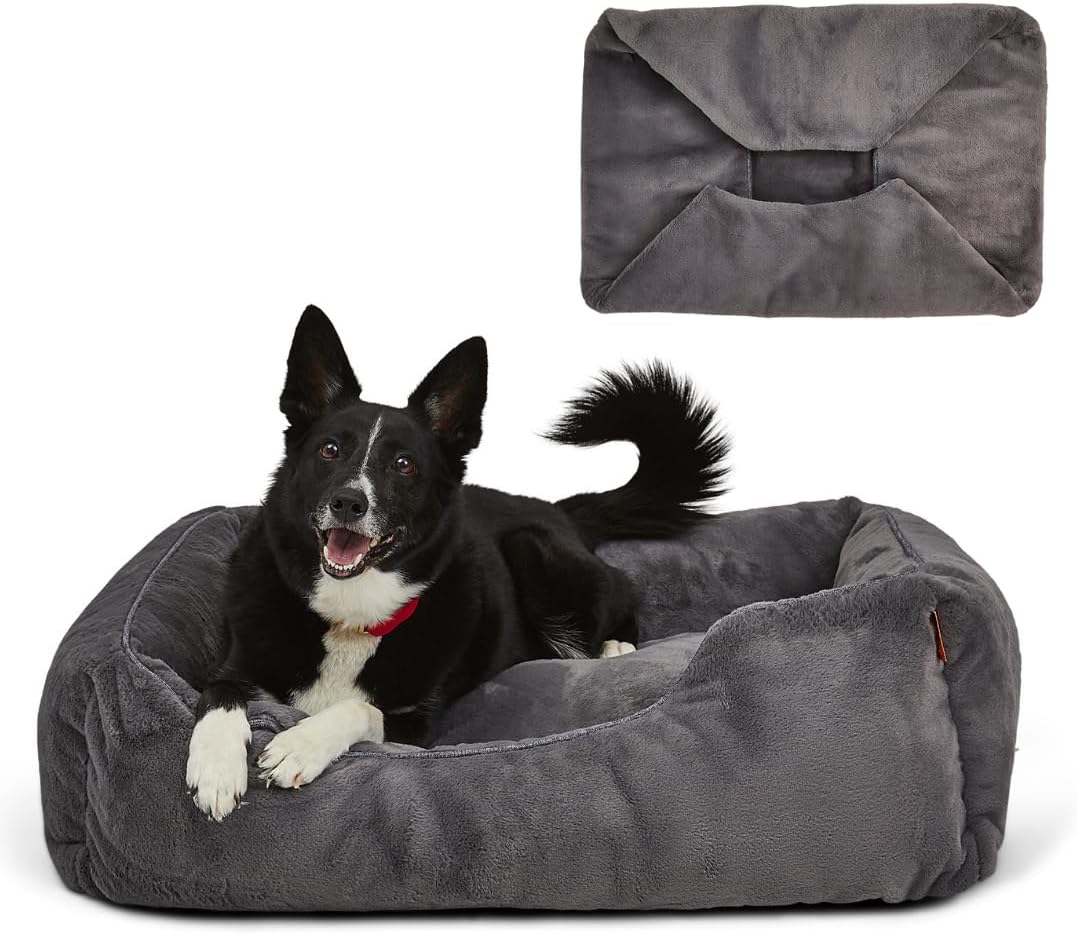 FUZI Luxury Aesthetic Dog Bed with Extra Cover for Medium Dogs, Washable Pet Couch, Pet Bed with Sides, Non-Slip Bottom, Soft & Durable Calming Dog Bed, Faux Fur, Medium 31.75x23.6x9.5 Dark Grey