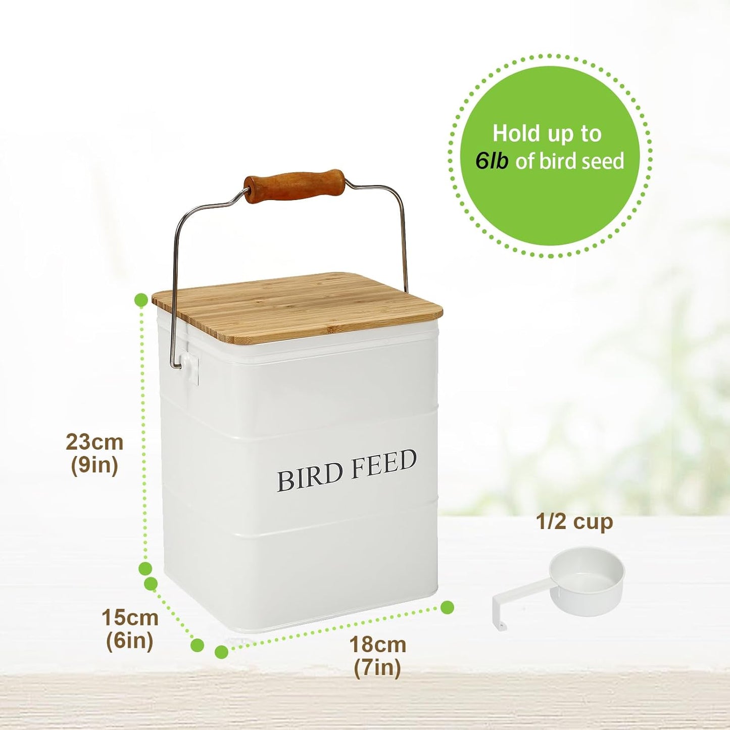 Bird Seeds storage container,Bird Seed Container,Metal food tin for Birds, pet snacks Canisters with wooden lid/handle/sevice scoop,hold 5-6 lbs