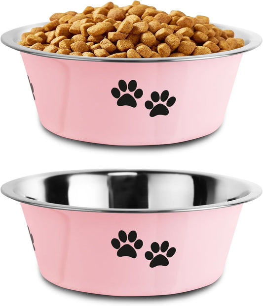 Stainless Steel Dog Bowls, Nonslip Rubber Bottom No Spill Proof Skid Metal Insulated Dog Bowls for Large Medium Small Breed Dogs (Pink, 3.6 Cups/29 OZ)