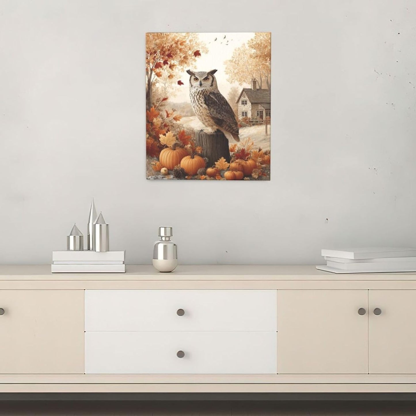 Fall Owl Wall Art Autumn Pumpkin Leaves Wall Decor Rustic Canvas Print Farmhouse Pictures Painting Print Framed Artwork Decorations Gifts for Living Room Bathroom Bedroom Office 20"x24"