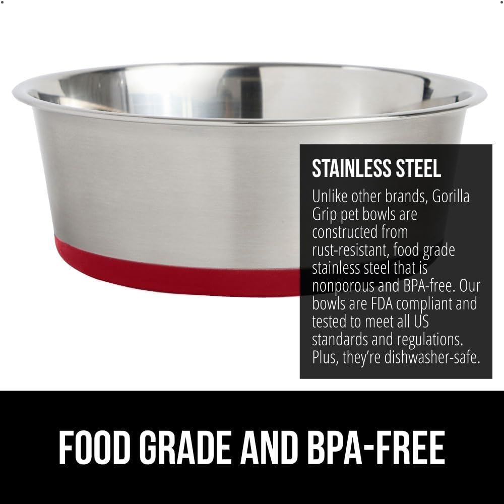 GORILLA GRIP Set of 2 Dog Bowls, Heavy Duty Metal Food and Water Bowl for Feeding Dogs and Cats, Dishwasher Safe, Rust Resistant Stainless Steel, BPA Free Rubber Base, Holds 2 Cups (16 fl oz), Red