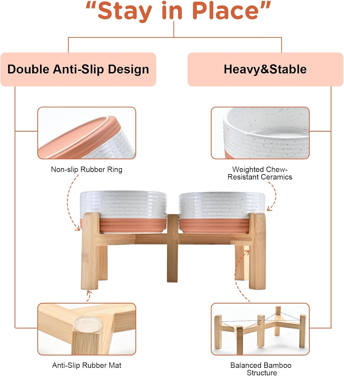 SPUNKYJUNKY Elevated Dog Bowls Ceramic, 6.1'' Dogs and Cat Food Water Bowls Raised with Non-Slip Bamboo Stand for Medium Sized Breed Microwave Dishwasher Safe - 28.7 OZ,Pattern White