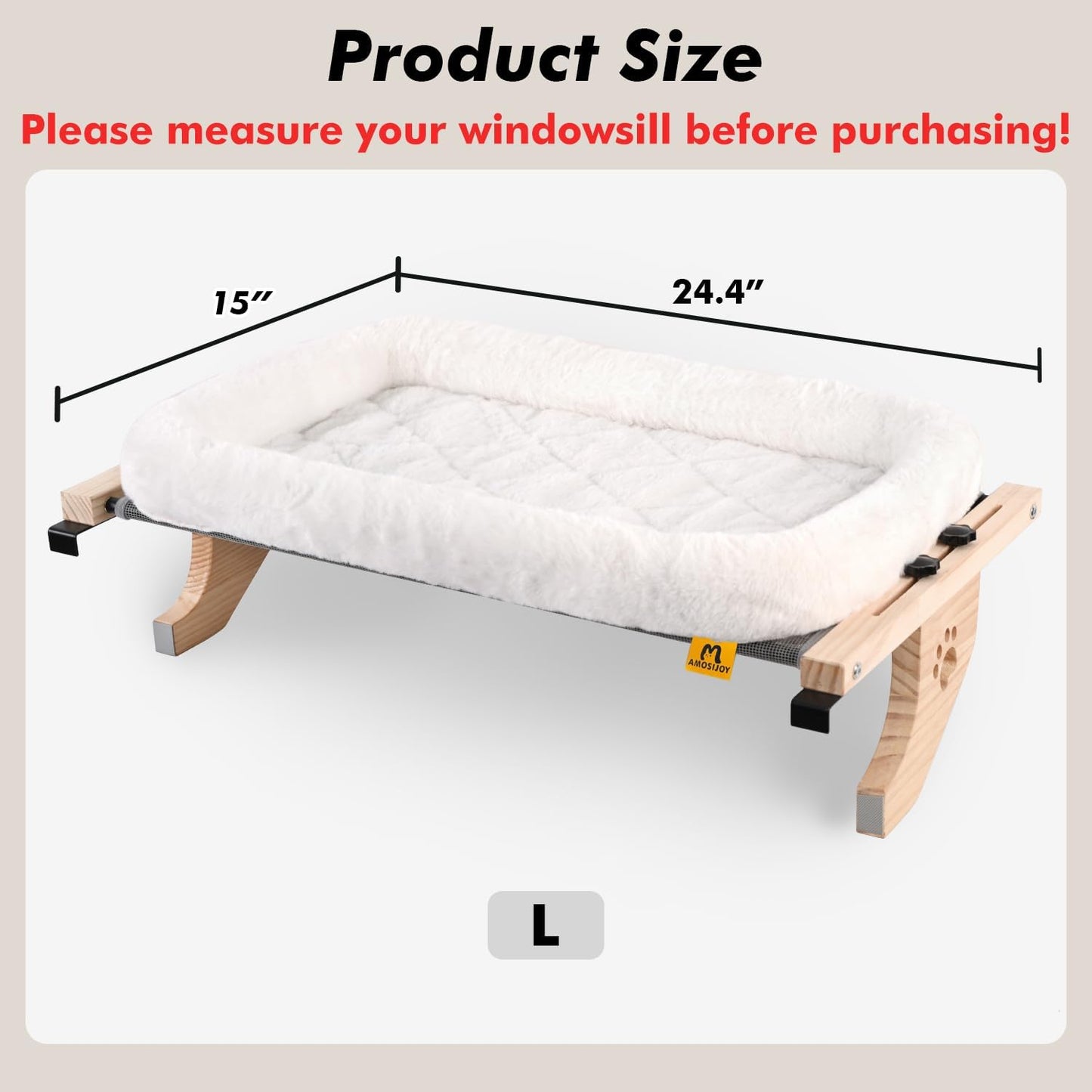 AMOSIJOY Cat Sill Window Perch Sturdy Hammock Seat with Cushion Bed Cover, Wood & Metal Frame for Large Cats, Easy to Adjust Windowsill, Bedside, Drawer and Cabinet (L)