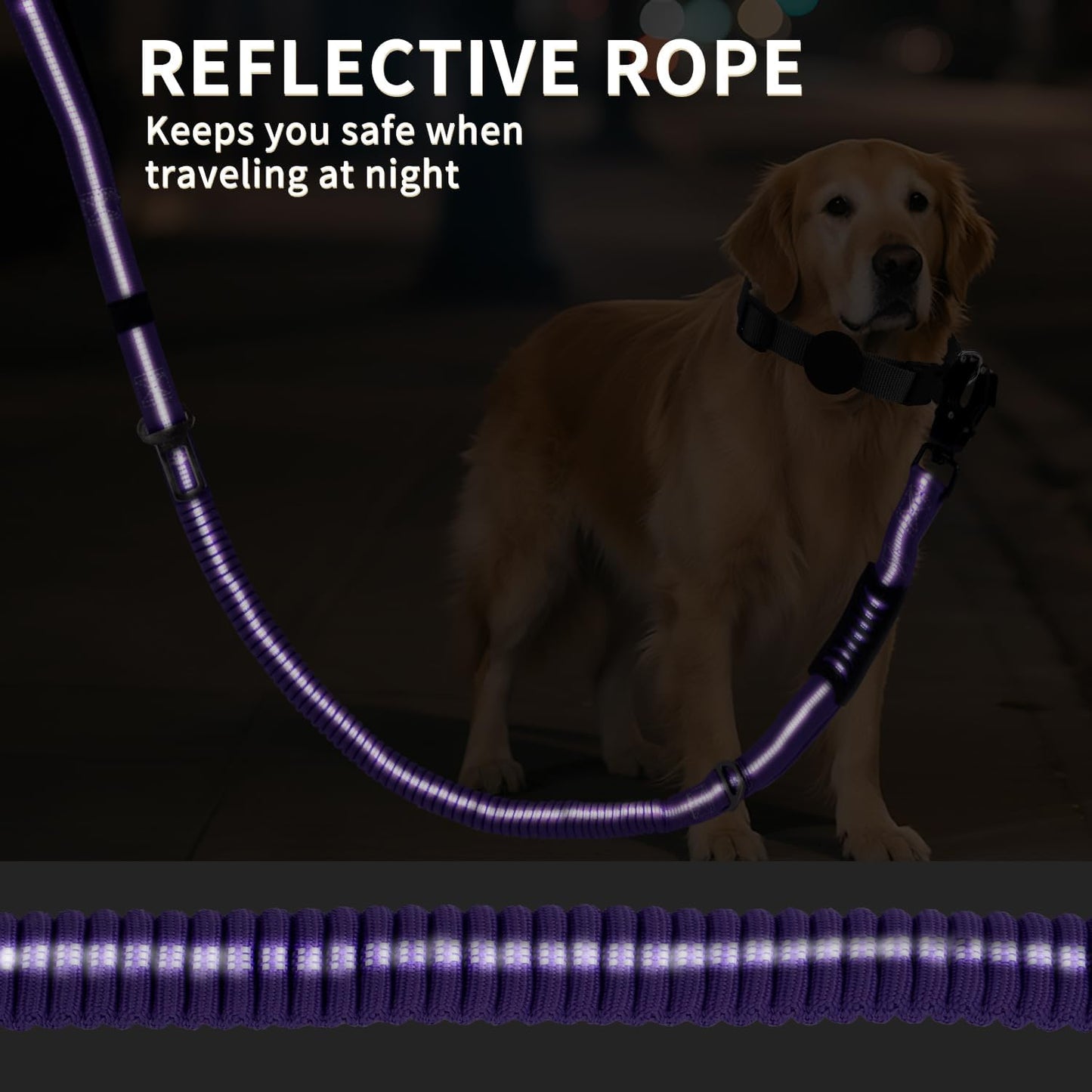 Heavy Duty Bungee Dog Leashes, 4-6FT Shock Absorbing Tactical Dog Leash with 2 Padded Handles, Metal Carabiner Clip,Car Seatbelt, Reflective Dog Leash for Medium Large Dogs (Purple)