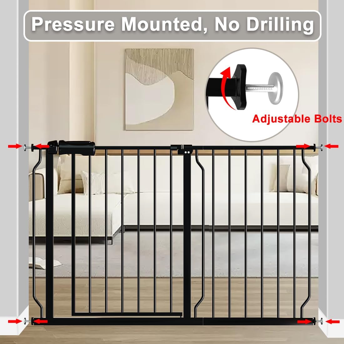 Fairy Baby Walk Through Black Baby Gate 29-34 Inch Wide, Pressure Mounted Safety Gate with Door No Drill, Tension Metal Gate for Dog and Toddler