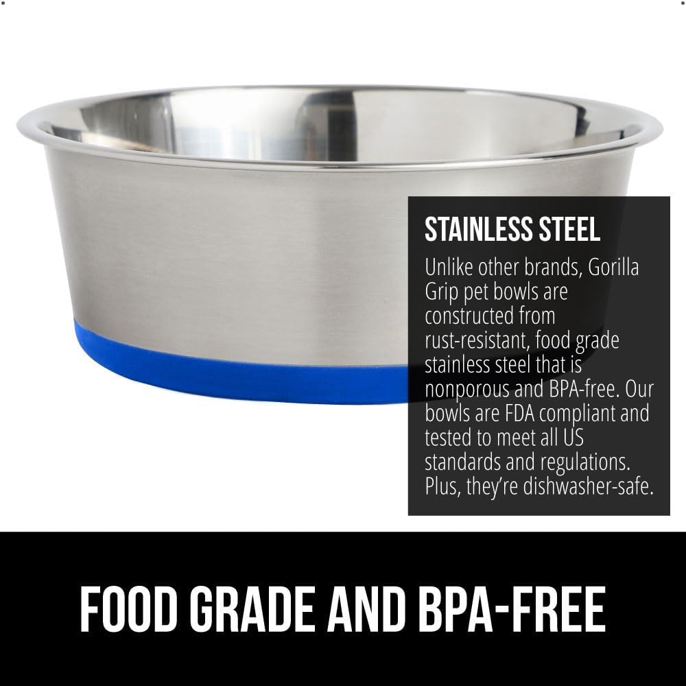 GORILLA GRIP Set of 2 Dog Bowls, Heavy Duty Metal Food and Water Bowl for Feeding Dogs and Cats, Dishwasher Safe, Rust Resistant Stainless Steel, BPA Free Rubber Base, Holds 1 Cup (8 fl oz), Blue