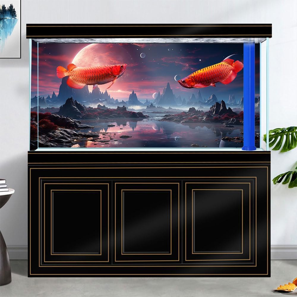 30X12IN Cosmic Spaceterrarium Background, Cool Parallel Space Themed Aquarium Reptile Habitat Background, Red Moon Aquarium Background with 10EVA Double-Sided Tape