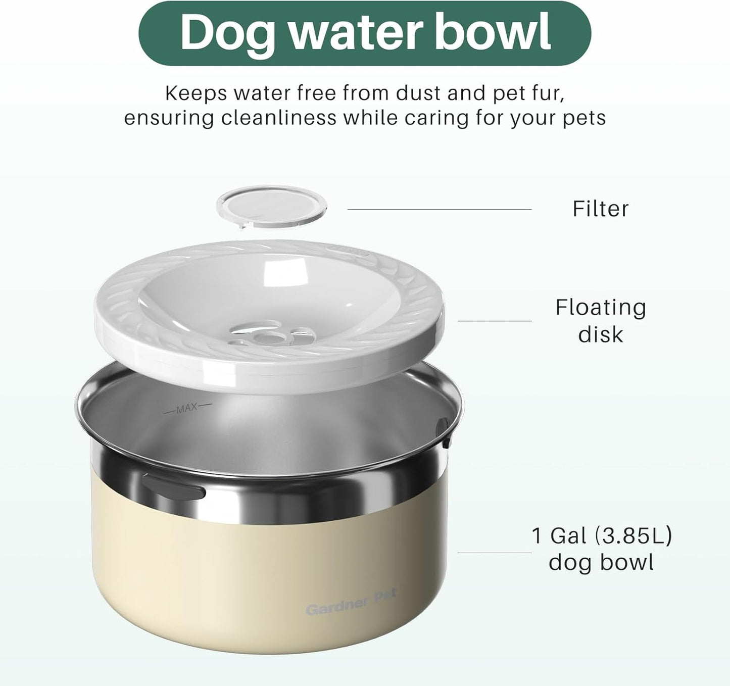 Gardner Pet Dog Bowls 1 Gallon (3.85L) Stainless Steel No Spill Water Bowl, Slow Water Feeder Metal Dog Bowls, Spill Proof Water Dispenser for Large Dogs, Promotes Healthy Hydration(White)
