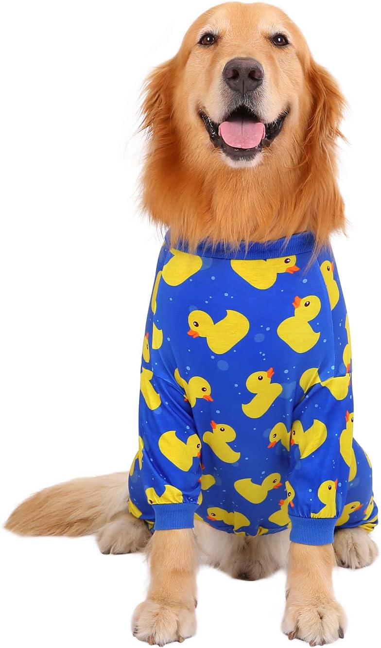 HDE Dog Pajamas One Piece Jammies Jumpsuit Pet Clothes Outfit Stretchy Lightweight Comfy Shirt Pjs for M-3XL Dogs Ducks Blue - L