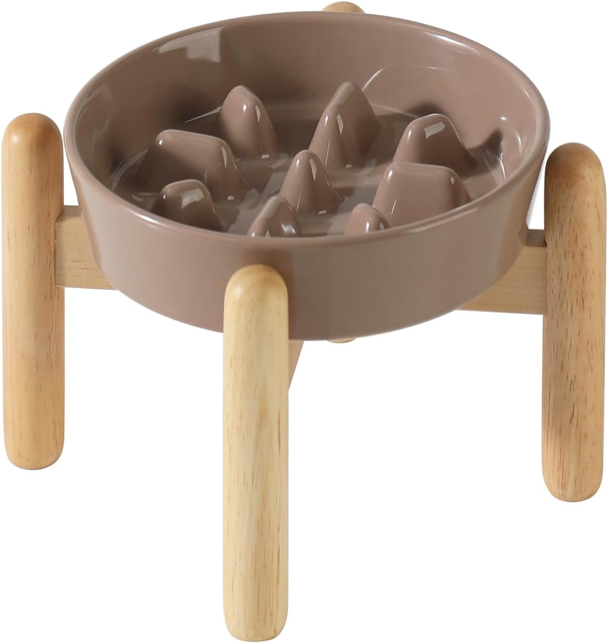 6.1inch Ceramic Dog Raised Slow Feeder Set, Elevated Bowl with Wooden Stand for Small Dog, Pet Slow Feeder Dish for Fast Easters, Anti-Gulping (Brown Coffee, Single Bowl+ Stand)