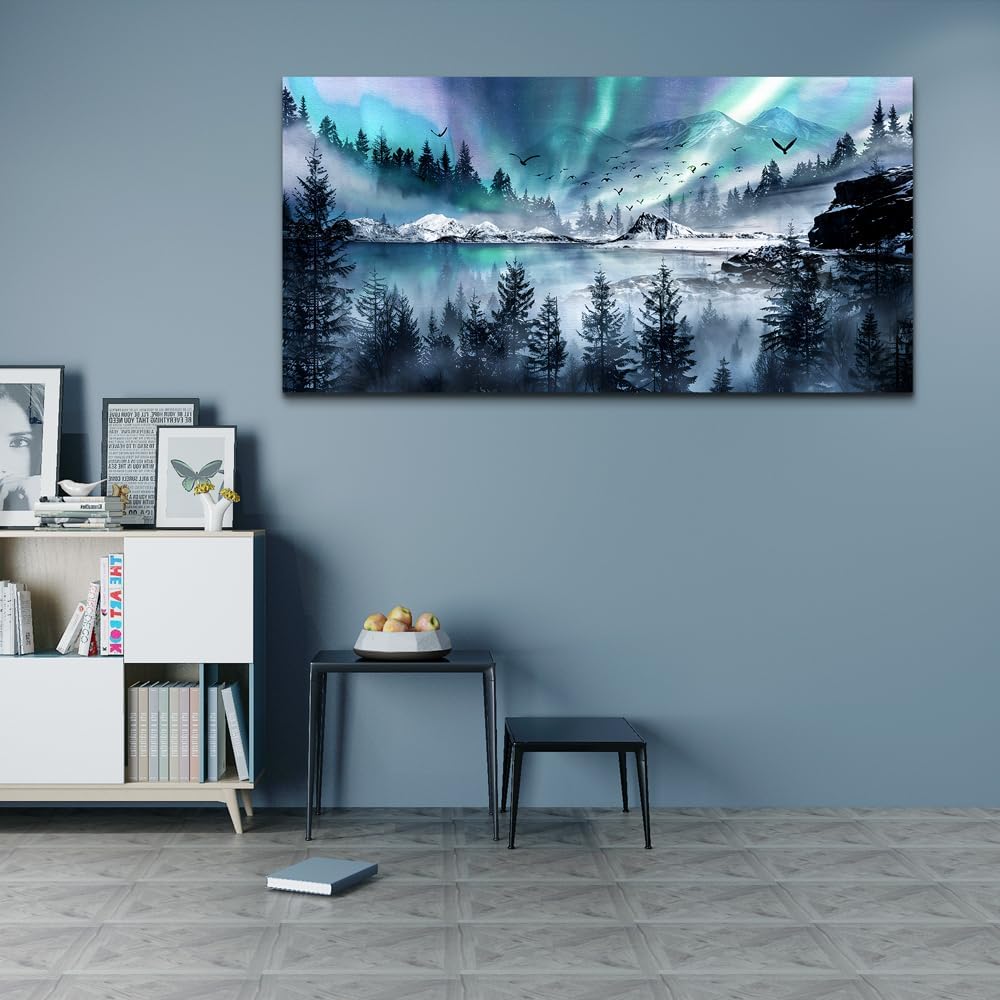 hyidecorart Canvas Wall Art For Living Room Large Wall Decorations For Office Stretched And Framed Canvas Prints Paintings Blue Aurora Scenery Pictures Artwork Ready To Hang Hotel Mural Wall Decor