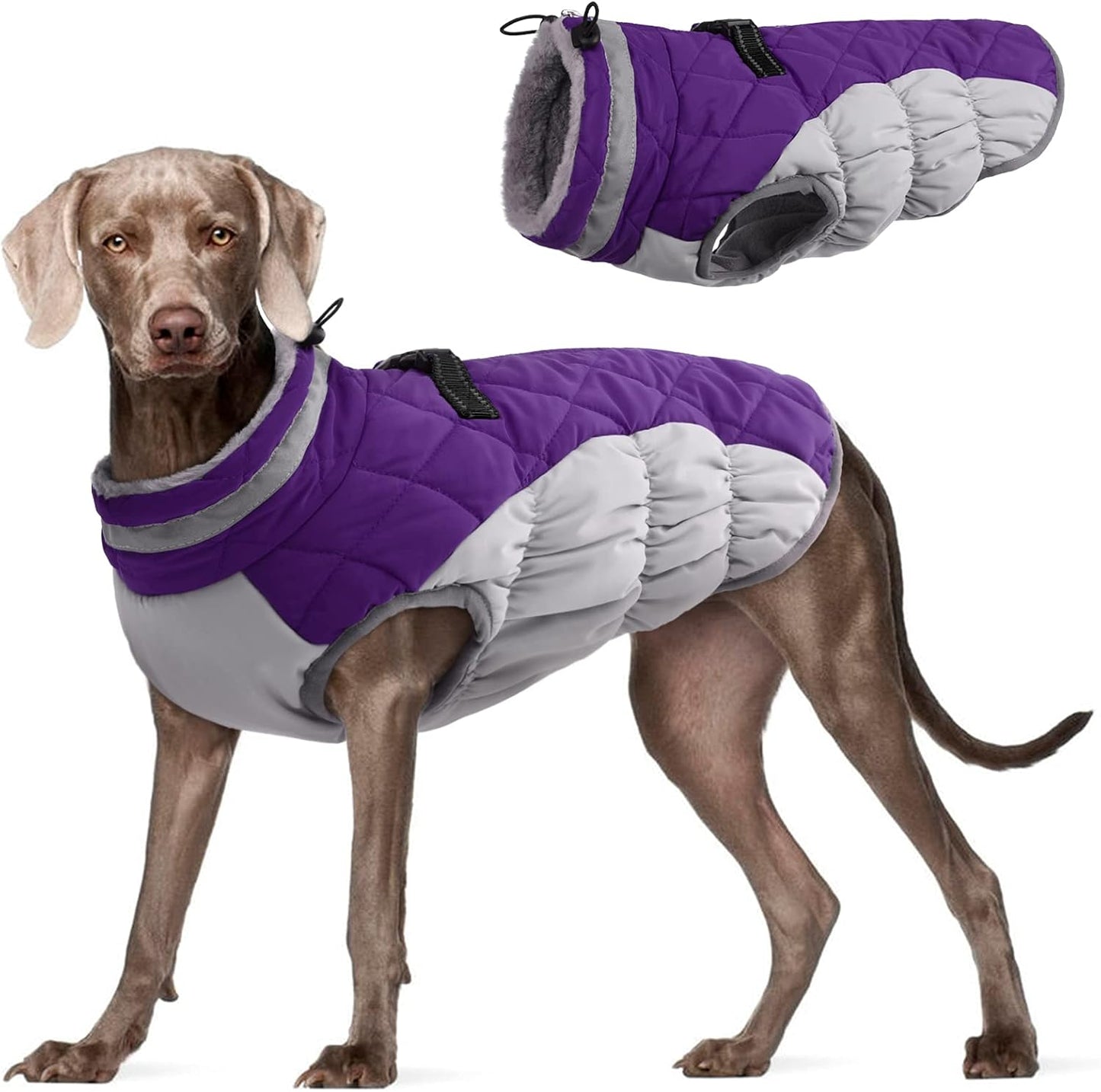 FUAMEY Dog Coat for Large Dogs,Waterproof Dog Winter Jacket with Harness Built in Puppy Cold Weather Coats Reflective Pet Vest with Zipper Warm Fleece Dogs Snowsuit Windproof Purple L