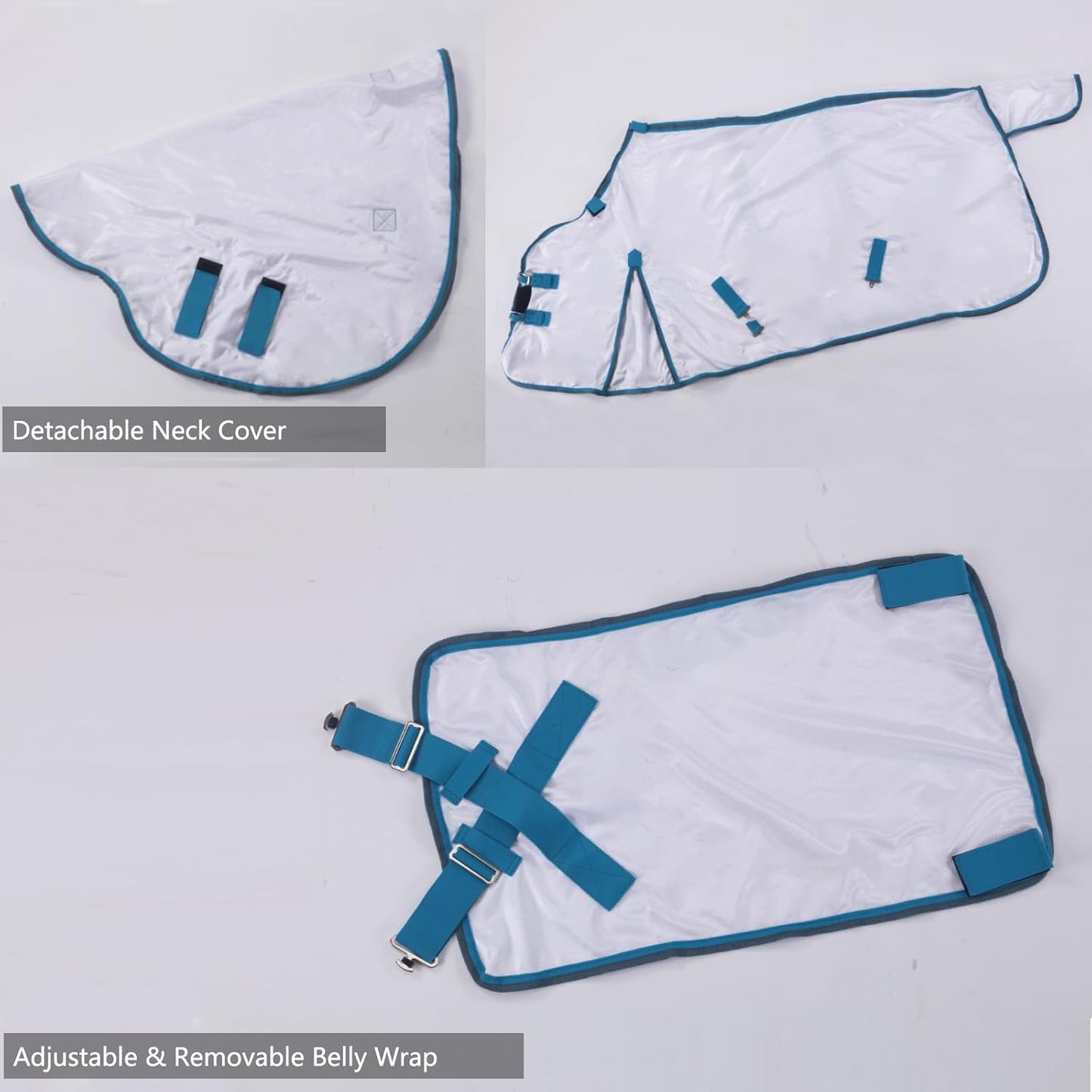 Horse Fly Sheet with Detachable Neck Cover & Belly Wrap, Adjustable Fly Sheet for Horses, Ventilated Airflow Mesh Equine Cooling Summer Flysheet White 66
