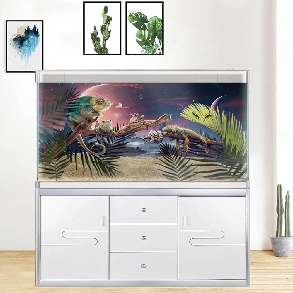 30X18IN Cosmic Spaceterrarium Background, Cool Parallel Space Themed Aquarium Reptile Habitat Background, Red Moon Aquarium Background with 10EVA Double-Sided Tape