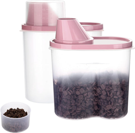 GreenJoy 2 Pack 2lb/2.5L Pet Food Storage Container with Measuring Cup, Can Covers and Bowl for Small Dog, Cat, Waterproof-BPA Free (Pink 1.8L)