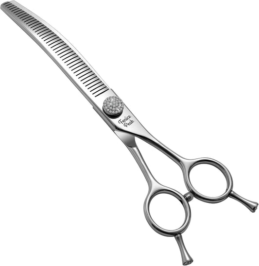 Fenice Peak 6.5‘’ Curved Thinning Dog Grooming Scissors with Jewelled Screw 440C Stainless Steel Pet Grooming Bulking Shears with Symmetrical Handle and Decorative Tail Nails Fluffy Scissors