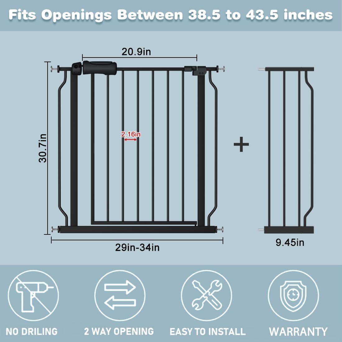 Extra Wide Black Baby Gate 38.5-43.5 Inch Walk Through Pressure Mounted Safety Gate No Drill Tension Metal Gate for Dog Cat and Infant Toddler