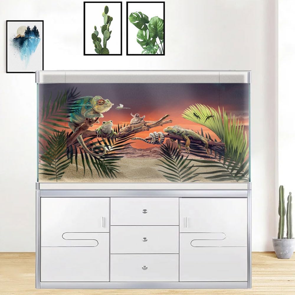 36X24IN Sun and Desert Moon Themed Reptile Habitat on Orange Durable Decorative Background, Terrarium Background with 10EVA Double-Sided Tape