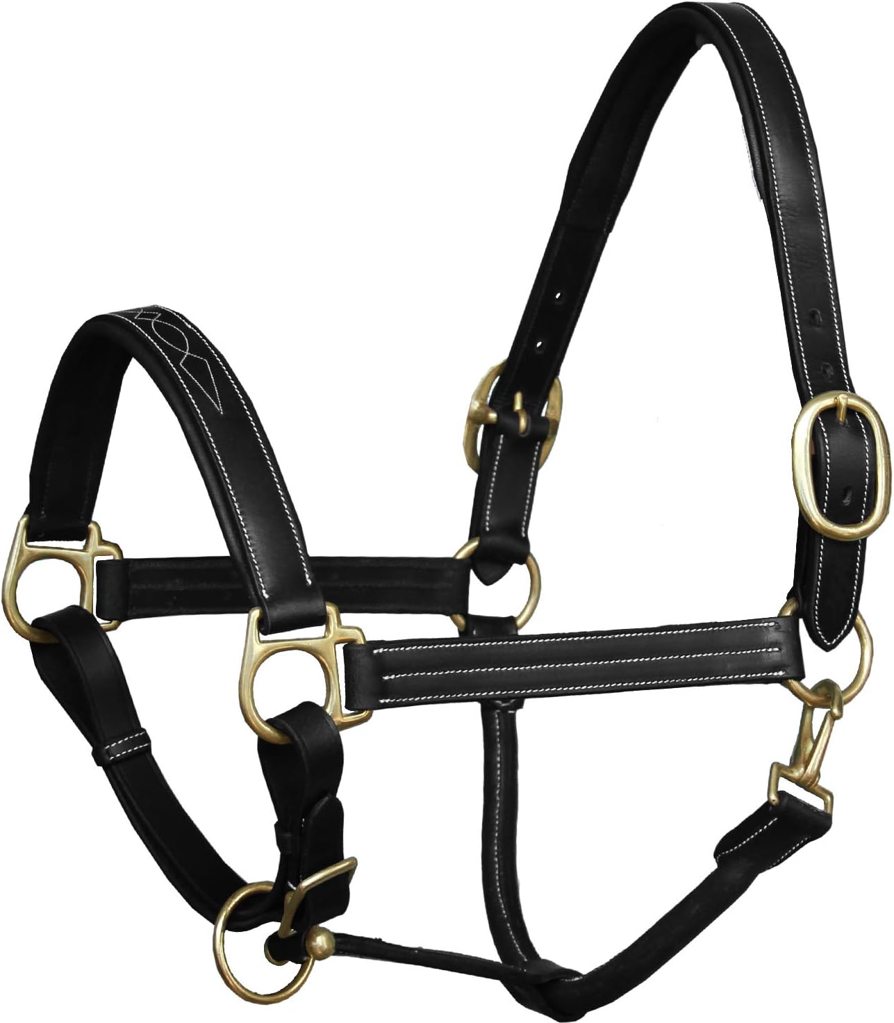 Exion Leather Horse Halter with Fancy Stitching | Black & Brown Padded Halter with Brass Hardware | Quick-Release Snap | Adjustable Leather Halter – Cob, Full, Over, Pony Sizes