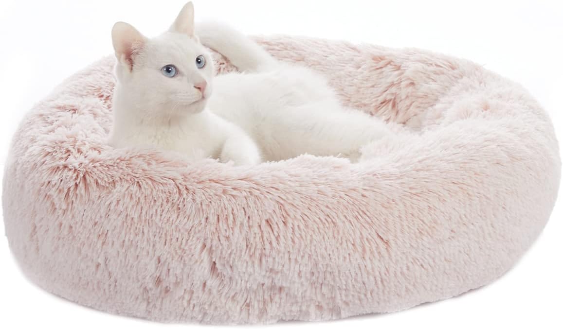 Bedfolks Calming Donut Dog Bed Cat Bed, 23 Inches Round Fluffy Dog Beds for Small Dogs, Machine Washable Anti-Anxiety Plush Puppy Bed（Pink, Small）
