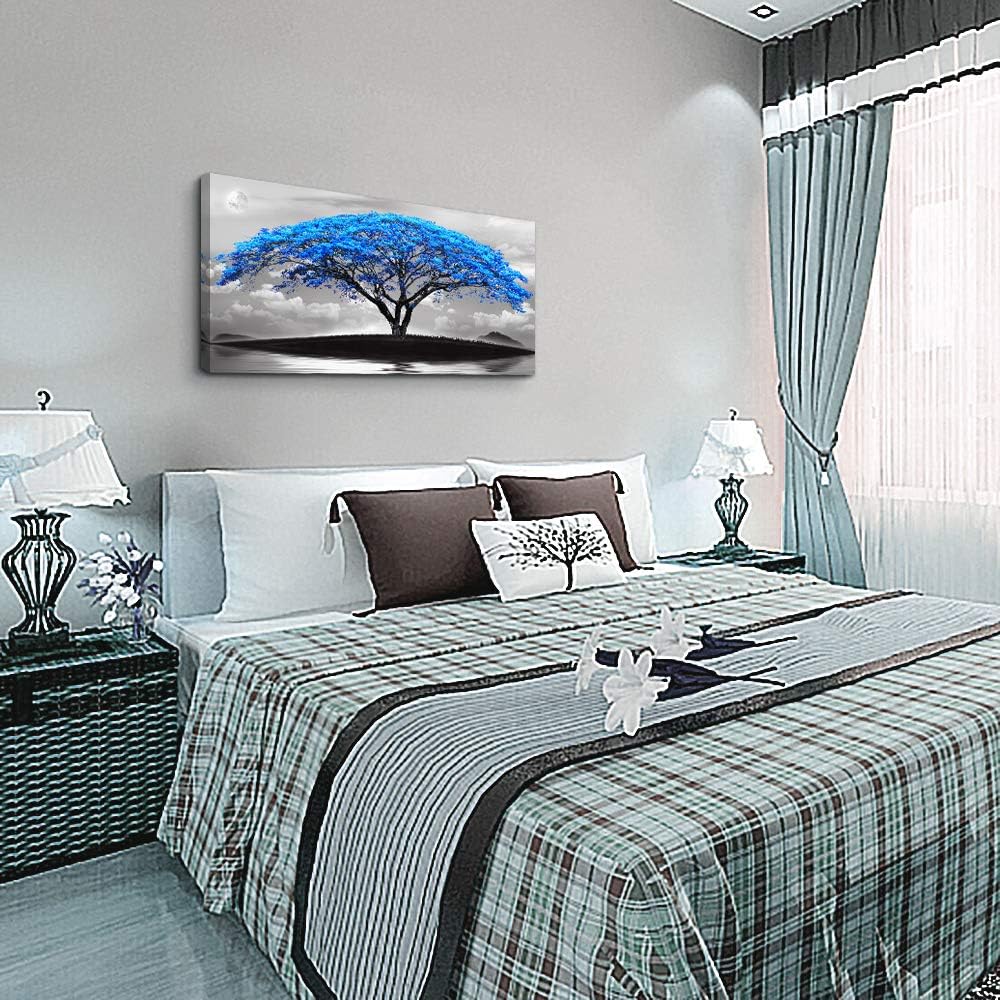 canvas wall art for living room bathroom Wall Decor Black and white landscape Blue tree moon painting to Hang Home Decorations for office bedroom kitchen Works canvas Prints pictures 24" x 48"inch