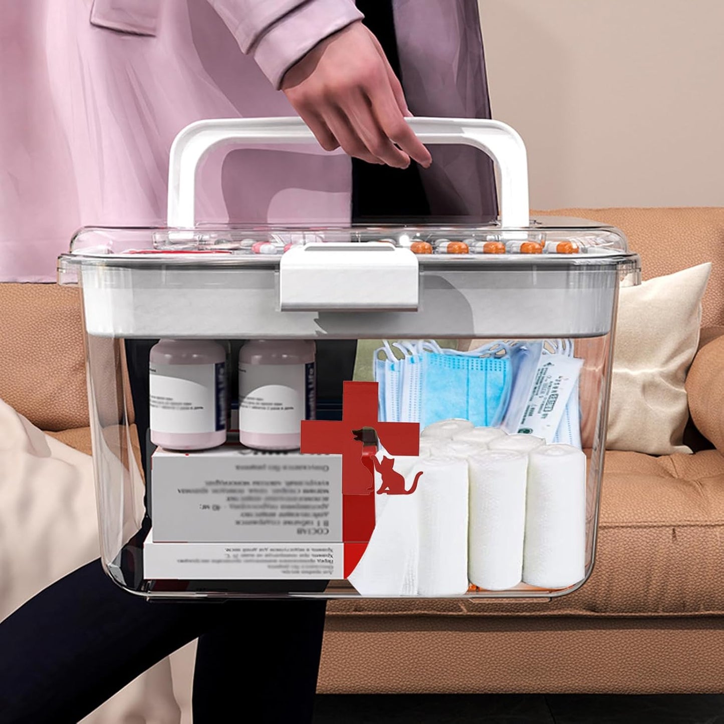 2 Layers Dog First Aid Kit box,Large First Aid Kit Bin,Medic Box for Dog Cat,Empty First Aid Box,Medicine Organizer with Built in Handle,Family or Dog Travel Camping Emergency Tool Set