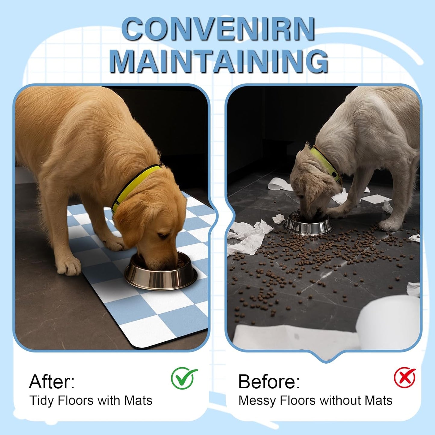 Cat Food Mat - 12"x 20" Cat Dog Mats for Food and Water Bowl, Checkered Pet Placemat Feeding Mat, Non-Slip Under Pet Bowls Mats for Messy Drinkers, Blue & White