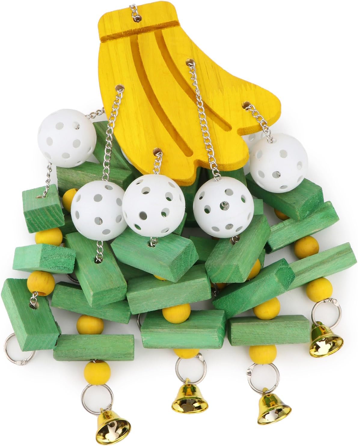Hypeety Large Parrot Hanging Swing Toy Bells Chew Toy Colorful Hanging Wood Block Parrot Macaw African Greys Cockatiels Budgies Conure Banana Shape Natural Birds Cage Hanging Toy