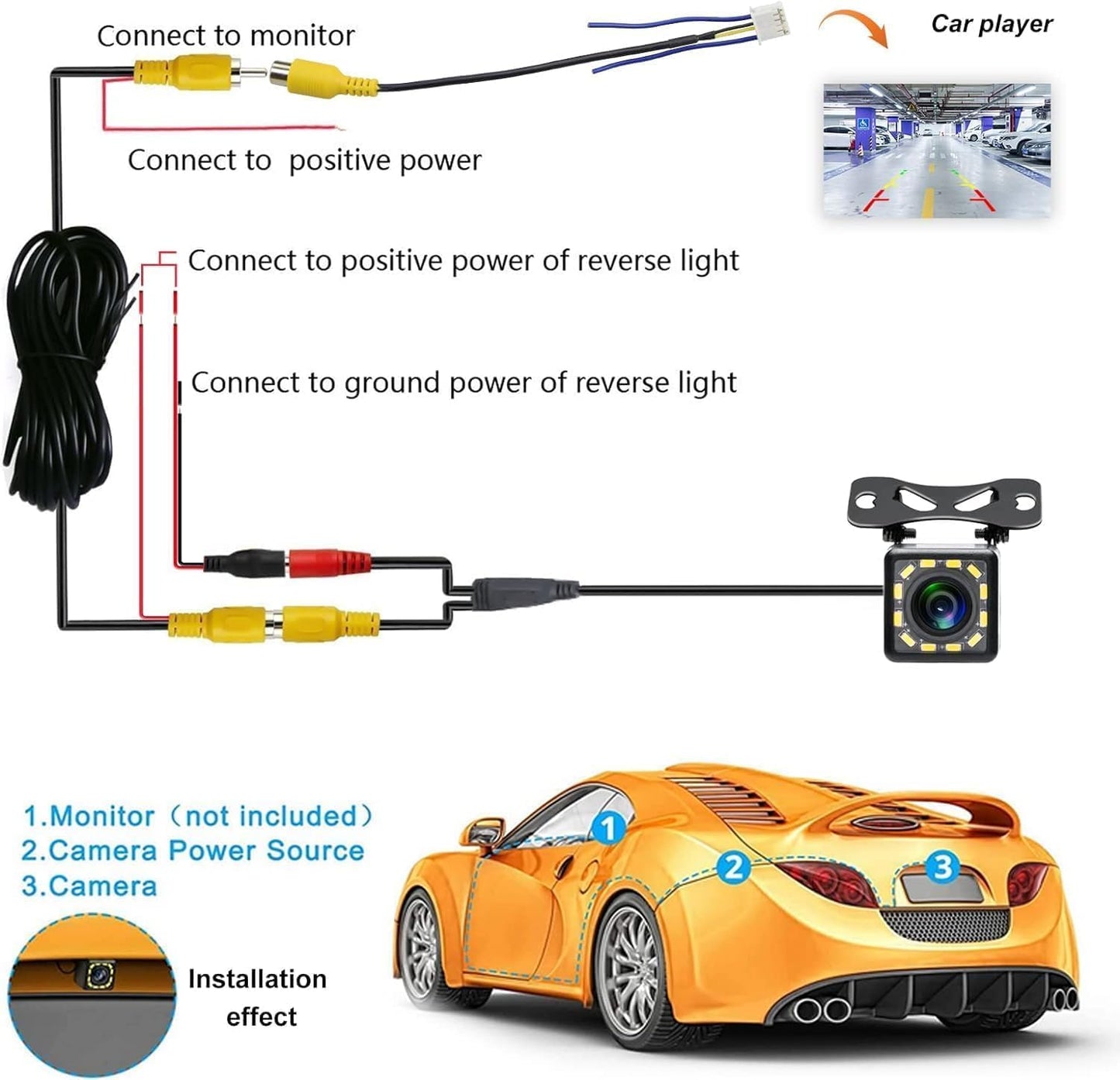 Car Backup Camera Rear View Camera 12-LED Night Vision Waterproof Reverse Camera 170° Wide View Angel Parking Camera for Universal Cars, Vehicles, Trucks, RV, Vans, SUV, Trailer, Pickup